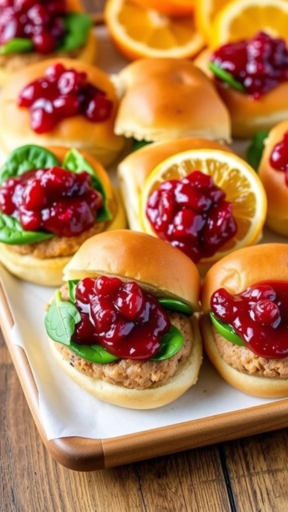 A delicious platter of turkey sliders with cranberry sauce and orange slices on a rustic table.